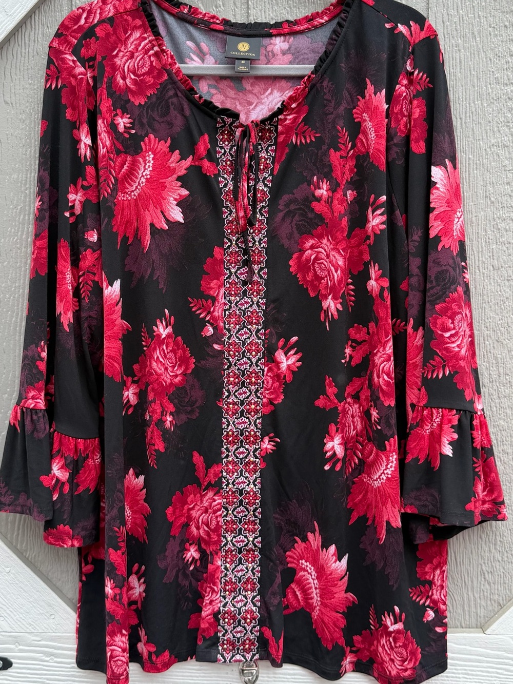 JM Collection Black Floral Tie-Neck Tunic with Fuchsia Blossoms